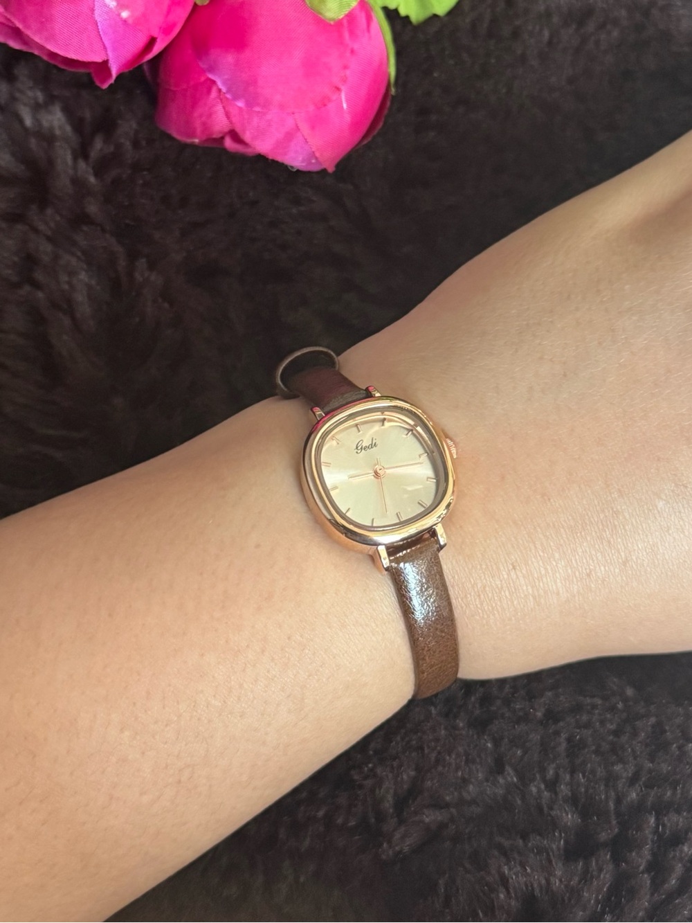 Women's Brown Leather Strap Watch with Rose Gold Dial